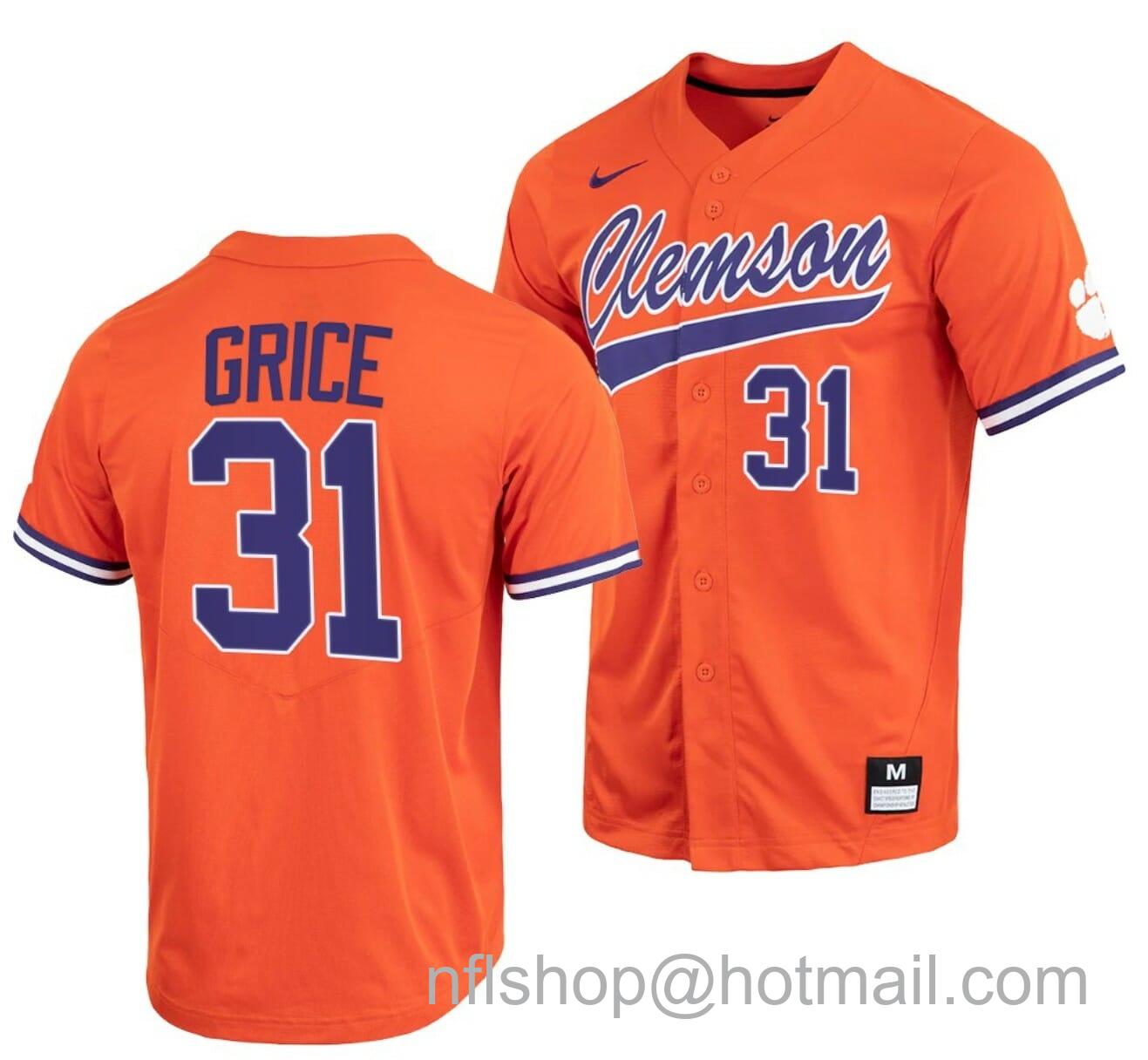 Men's Nike Caden Grice Jersey Clemson Tigers College Baseball Orange Full-Button #31