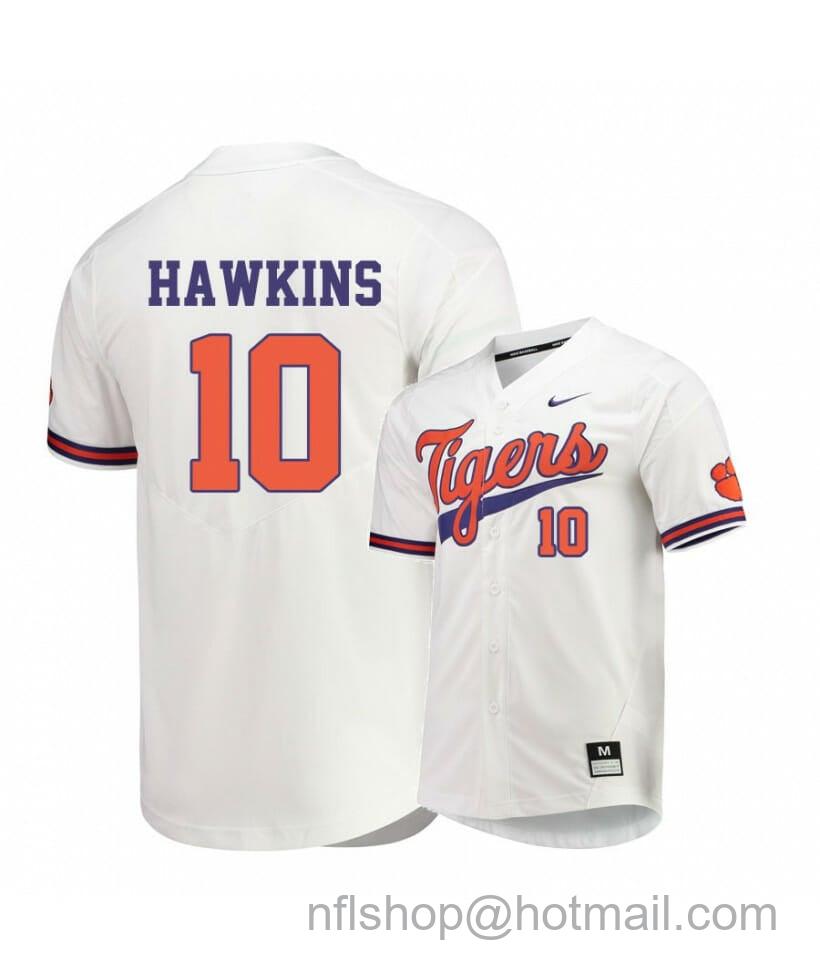 Men's Nike Clemson Tigers 10 Bryar Hawkins White Elite College Baseball Jersey