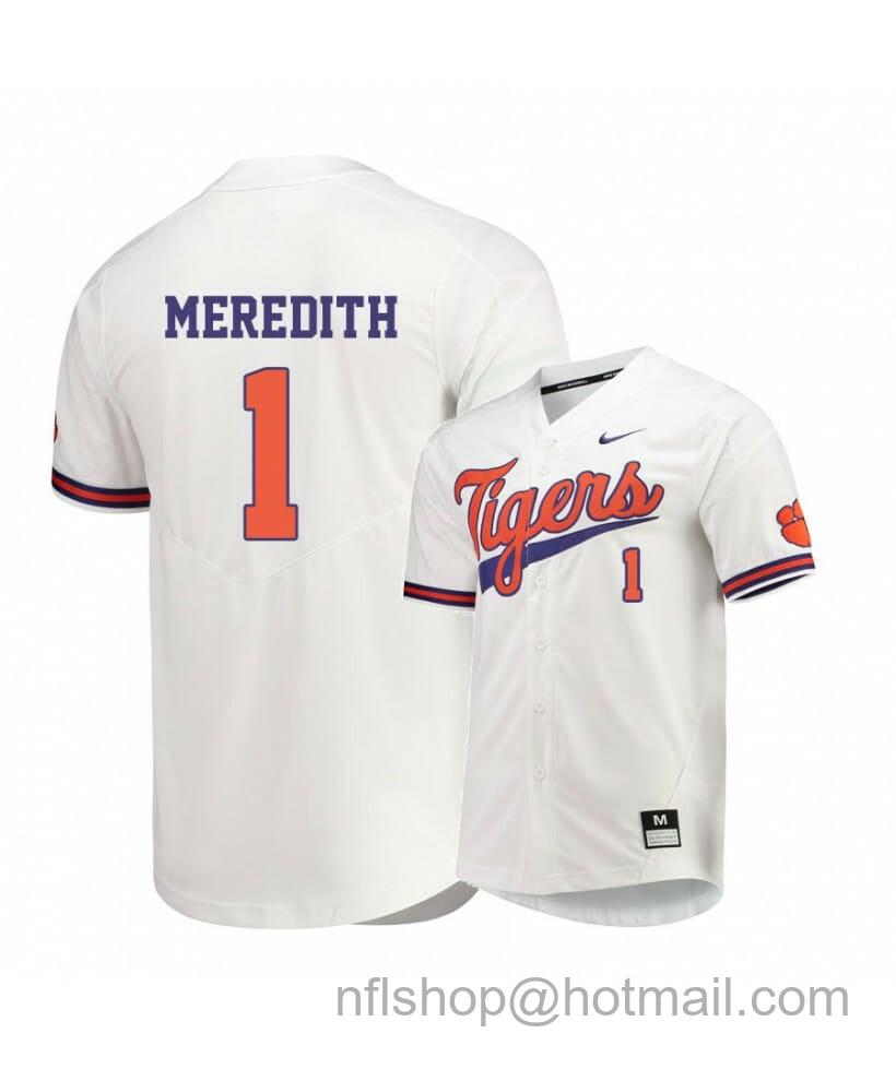 Men's Nike Clemson Tigers 1 Kier Meredith White Elite College Baseball Jersey