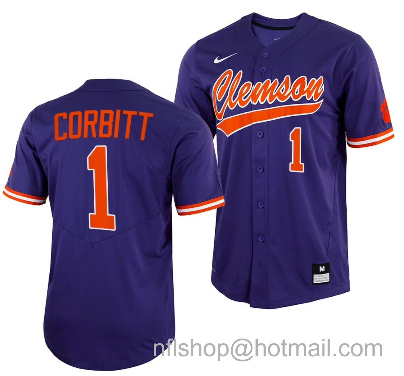 Men's Nike Tyler Corbitt Jersey Clemson Tigers College Baseball Purple Full-Button #1