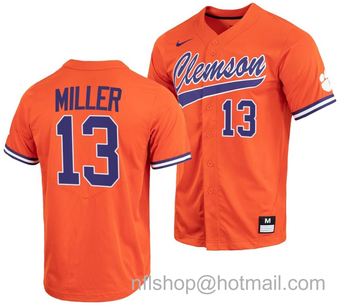 Men's Nike Brad Miller Jersey Clemson Tigers College Baseball Orange Full-Button #13