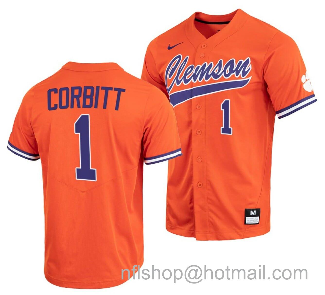 Men's Nike Tyler Corbitt Jersey Clemson Tigers College Baseball Orange Full-Button #1