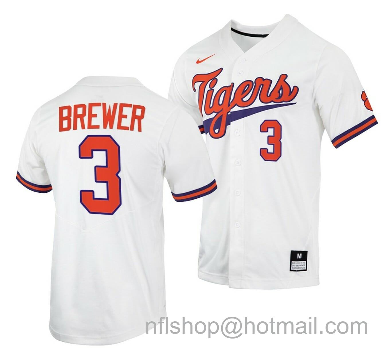 Men's Nike Dylan Brewer Jersey Clemson Tigers Baseball NCAA College Full-Button White #3