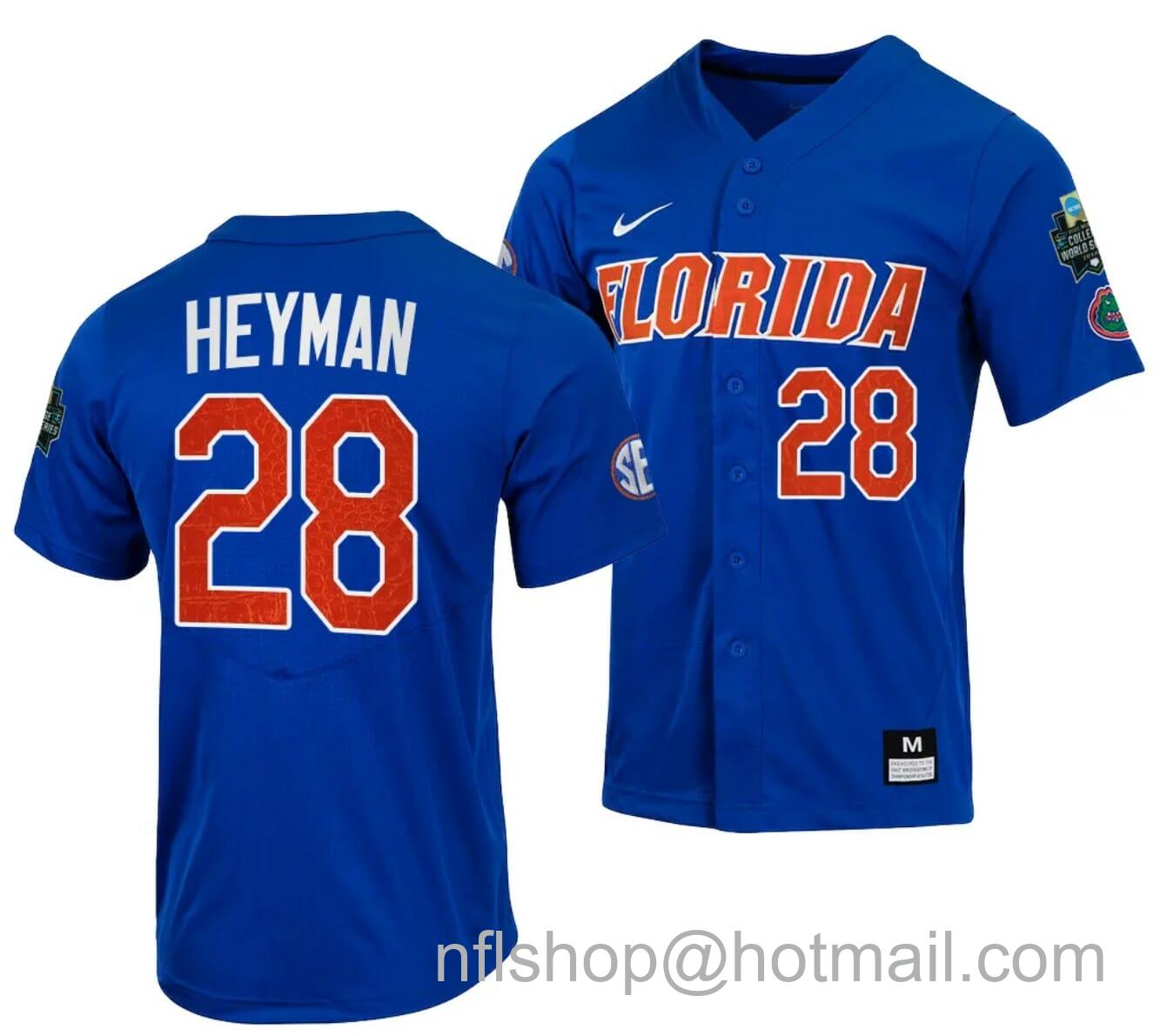 Men's Nike Luke Heyman Jersey Florida Gators 2023 College World Series Royal #28 NCAA Baseball