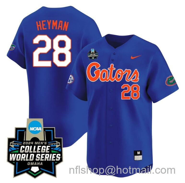 Men's Nike Luke Heyman Jersey #28 Florida Gators 2024 College World Series Vapor Premier Limited NCAA Baseball Stitched Gators Blue