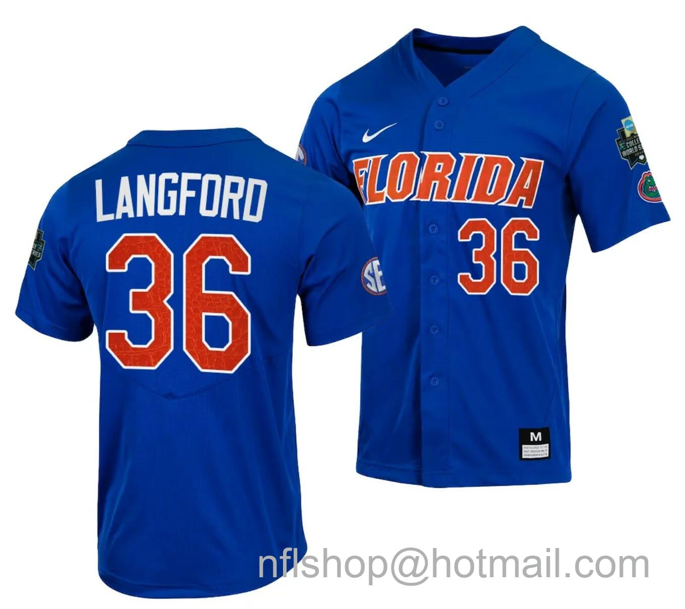 Men's Nike Wyatt Langford Jersey Florida Gators 2023 College World Series Royal #36 NCAA Baseball