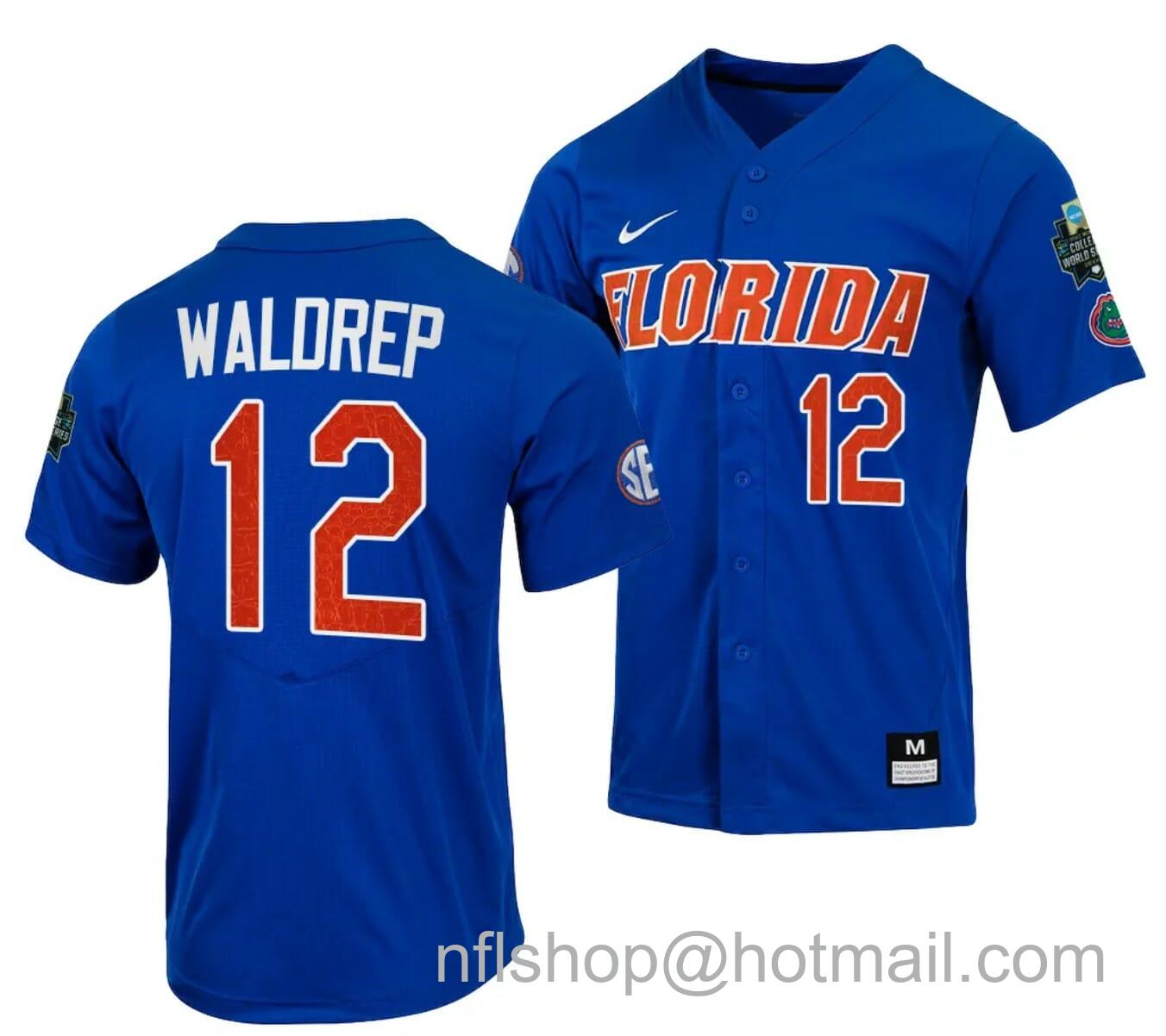 Men's Nike Hurston Waldrep Jersey Florida Gators 2023 College World Series Royal #12 NCAA Baseball