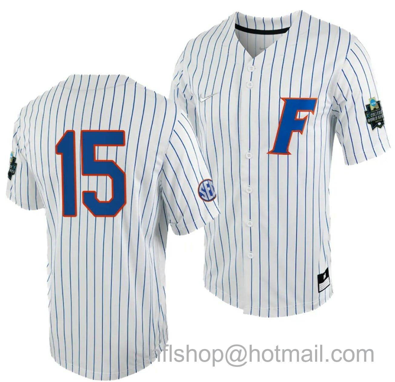 Men's Nike BT Riopelle Jersey Florida Gators #15 White Royal 2023 College World Series NCAA Baseball