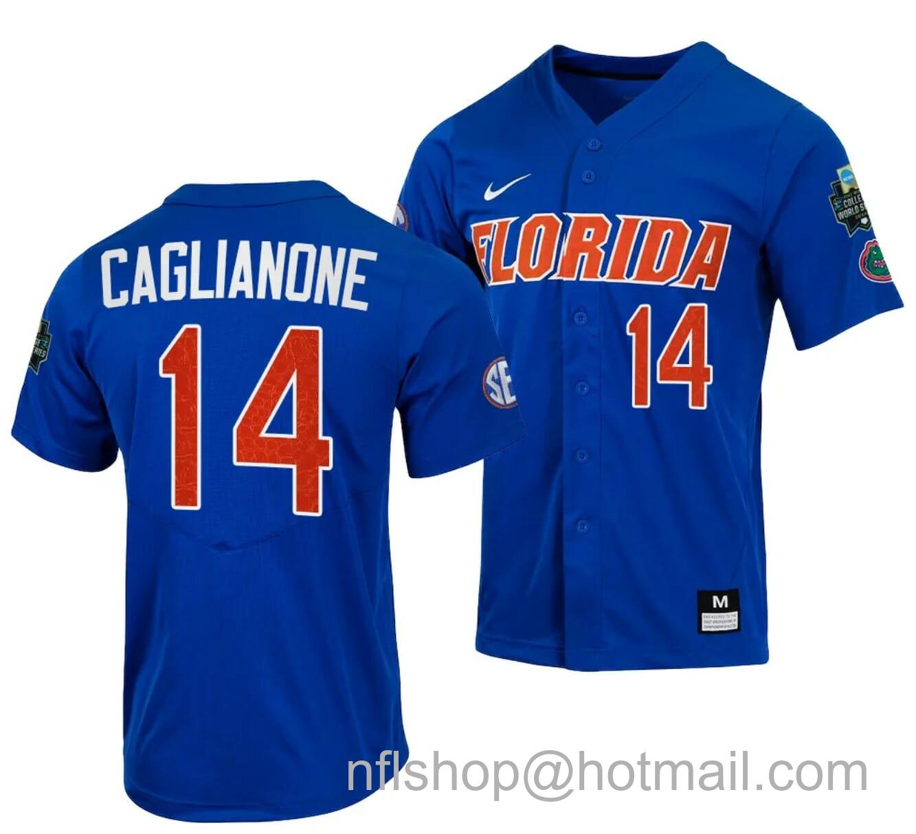 Men's Nike Jac Caglianone Jersey Florida Gators 2023 College World Series Royal #14 NCAA Baseball