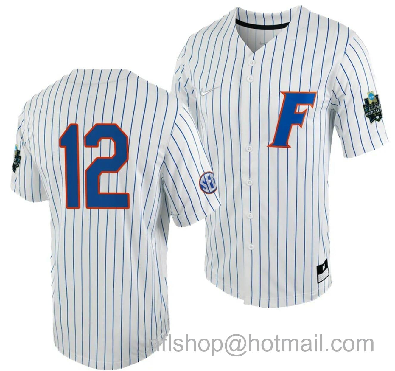 Men's Nike Hurston Waldrep Jersey Florida Gators #12 White Royal 2023 College World Series NCAA Baseball