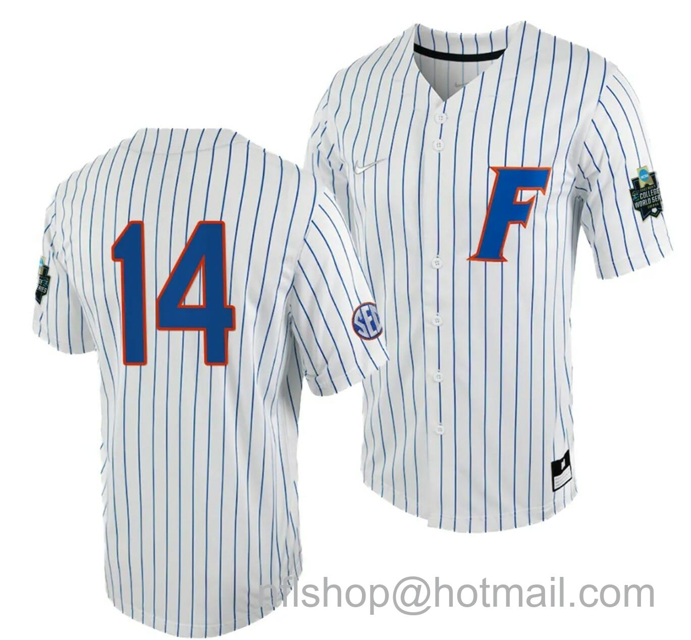 Men's Nike Jac Caglianone Jersey Florida Gators #14 White Royal 2023 College World Series NCAA Baseball