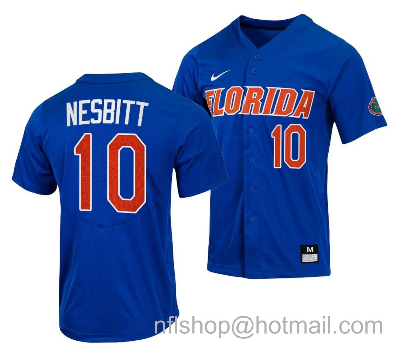 Men's Nike Tyler Nesbitt Jersey Florida Gators College Baseball Full-Button Royal #10