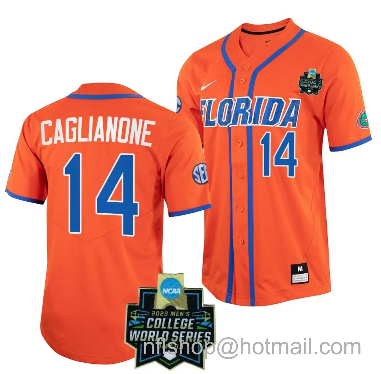 Men's Nike Jac Caglianone Jersey Florida Gators #14 Orange NCAA 2023 College World Series Baseball