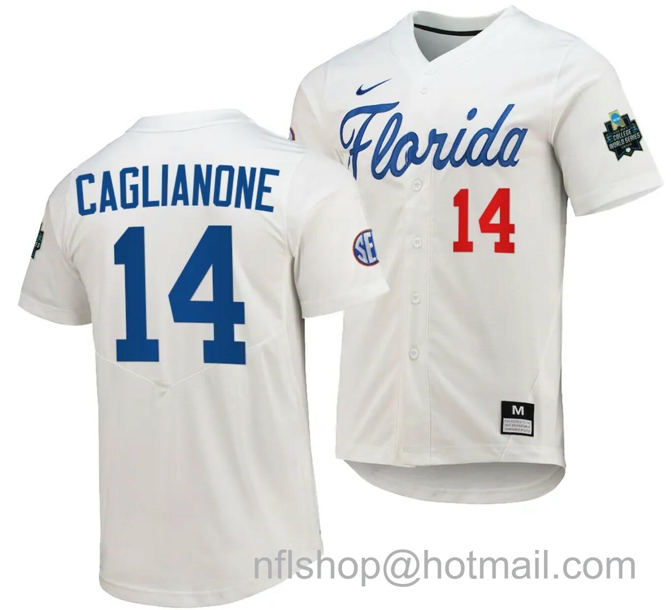 Men's Nike Jac Caglianone Jersey Florida Gators 2023 College World Series White #14 Replica NCAA Baseball