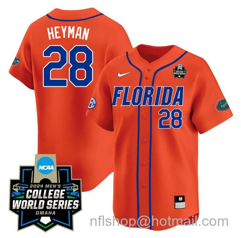 Men's Nike Luke Heyman Jersey #28 Florida Gators 2024 College World Series Vapor Premier Limited NCAA Baseball Stitched Florida Orange