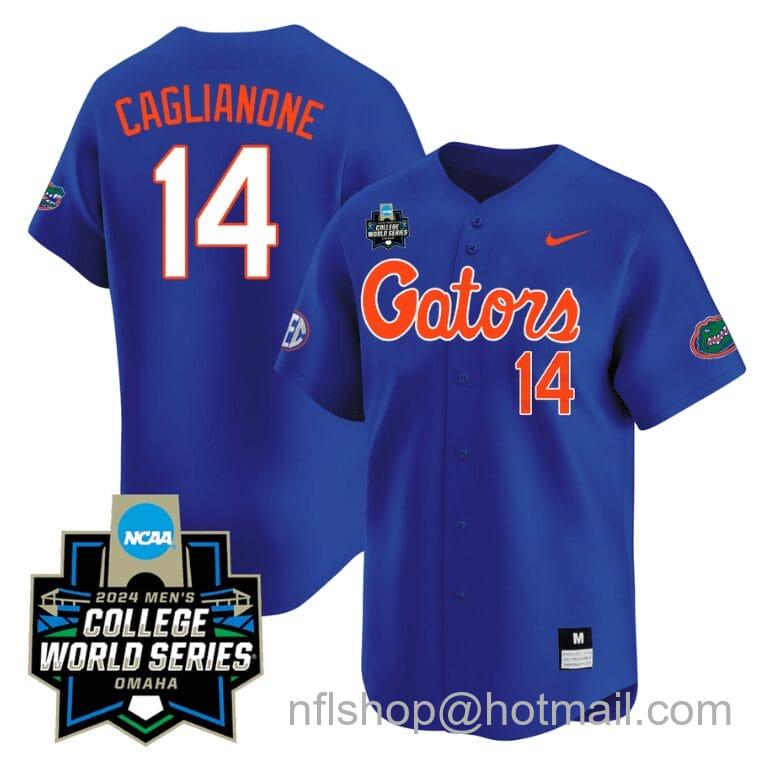 Men's Nike Jac Caglianone Jersey #14 Florida Gators 2024 College World Series Vapor Premier Limited NCAA Baseball Stitched Gators Blue