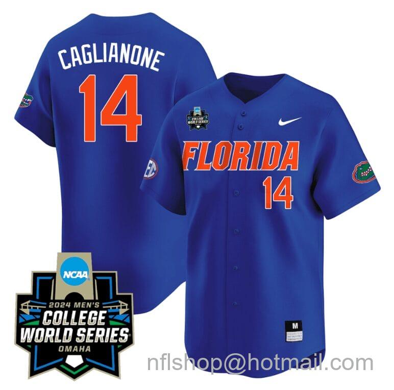 Men's Nike Jac Caglianone Jersey #14 Florida Gators 2024 College World Series Vapor Premier Limited NCAA Baseball Stitched Florida Blue