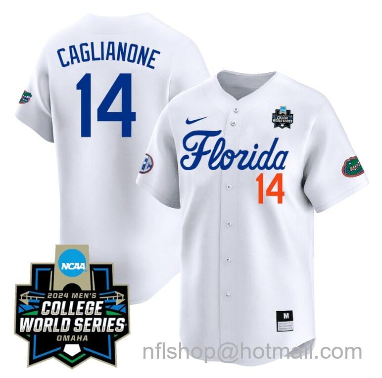 Men's Nike Jac Caglianone Jersey #14 Florida Gators 2024 College World Series Vapor Premier Limited NCAA Baseball Stitched Florida White