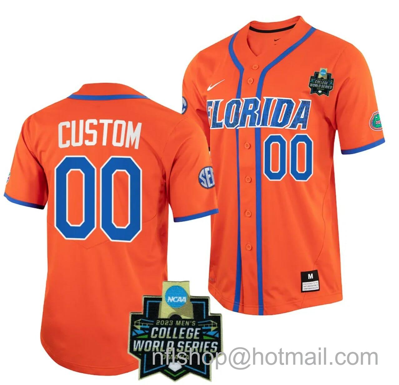 Men's Nike NCAA 2023 College World Series Custom Florida Gators Jersey Name and Number Baseball Orange #00