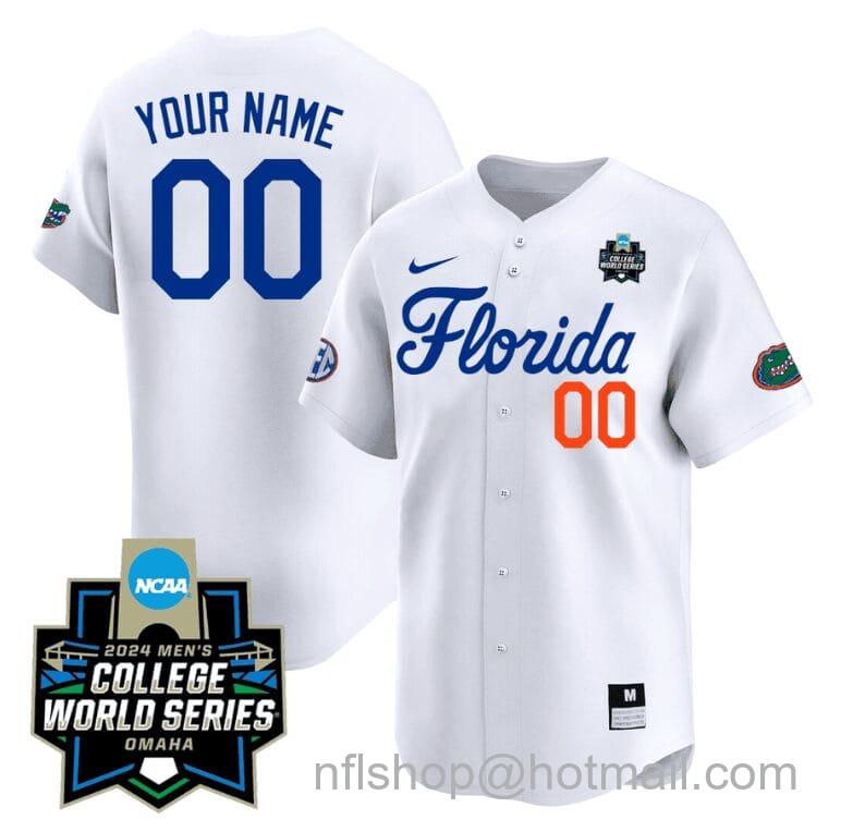 Men's Nike Custom Florida Gators Jersey 2024 College World Series Vapor Premier Limited NCAA Baseball Stitched White