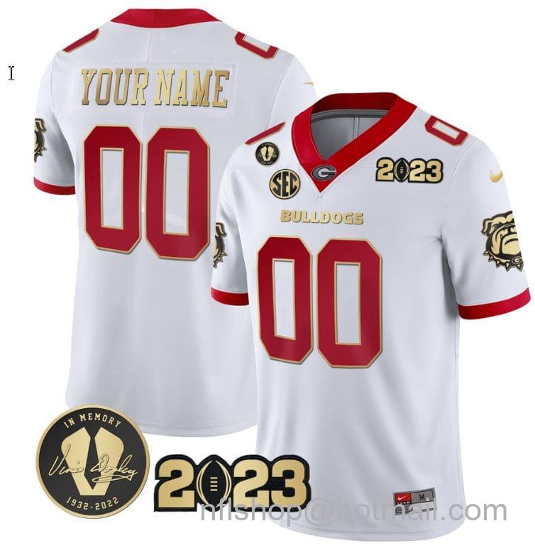 Men's Nike Custom Georgia Bulldogs Jersey Name and Number Football 2023 Vince Dooley Patch White Gold Trim