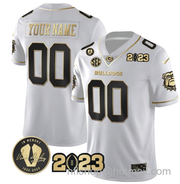 Men's Nike Custom Georgia Bulldogs Jersey Name and Number Football 2023 Vince Dooley Patch White Gold