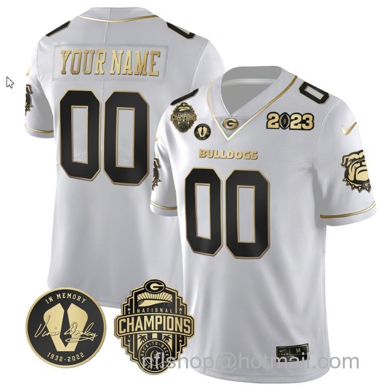 Men's Nike Custom Georgia Bulldogs Jersey Name and Number Football 2023 Back To Back Champions Vince Dooley Patch White Gold