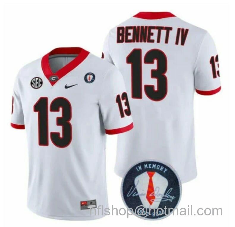 Men's Nike Georgia Bulldogs Stetson Bennett Jersey #13 Honoring Vince Dooley Patch All Stitched White