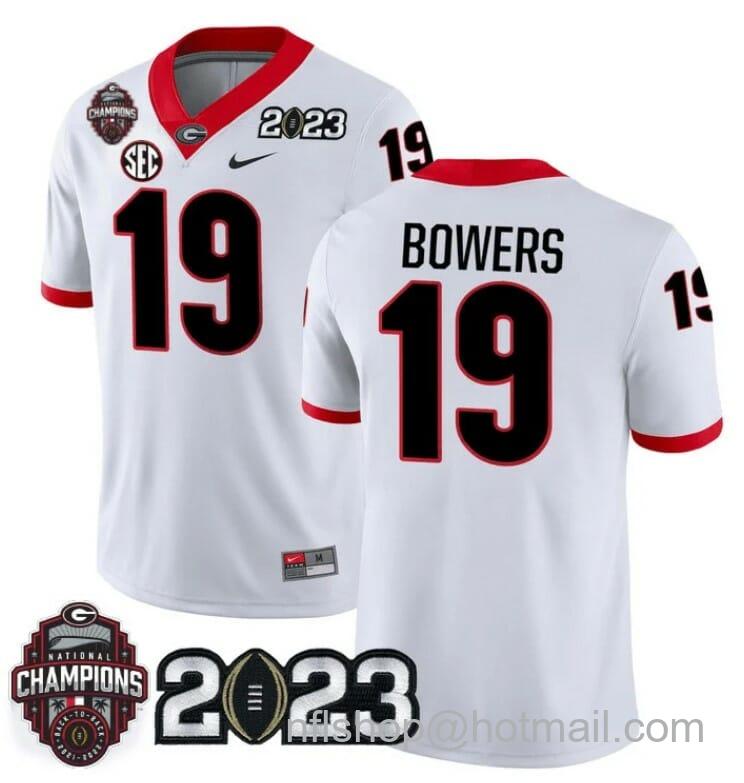 Men's Nike Georgia Bulldogs Brock Bowers Jersey #19 CFP National Champions Patch 2023 All Stitched White