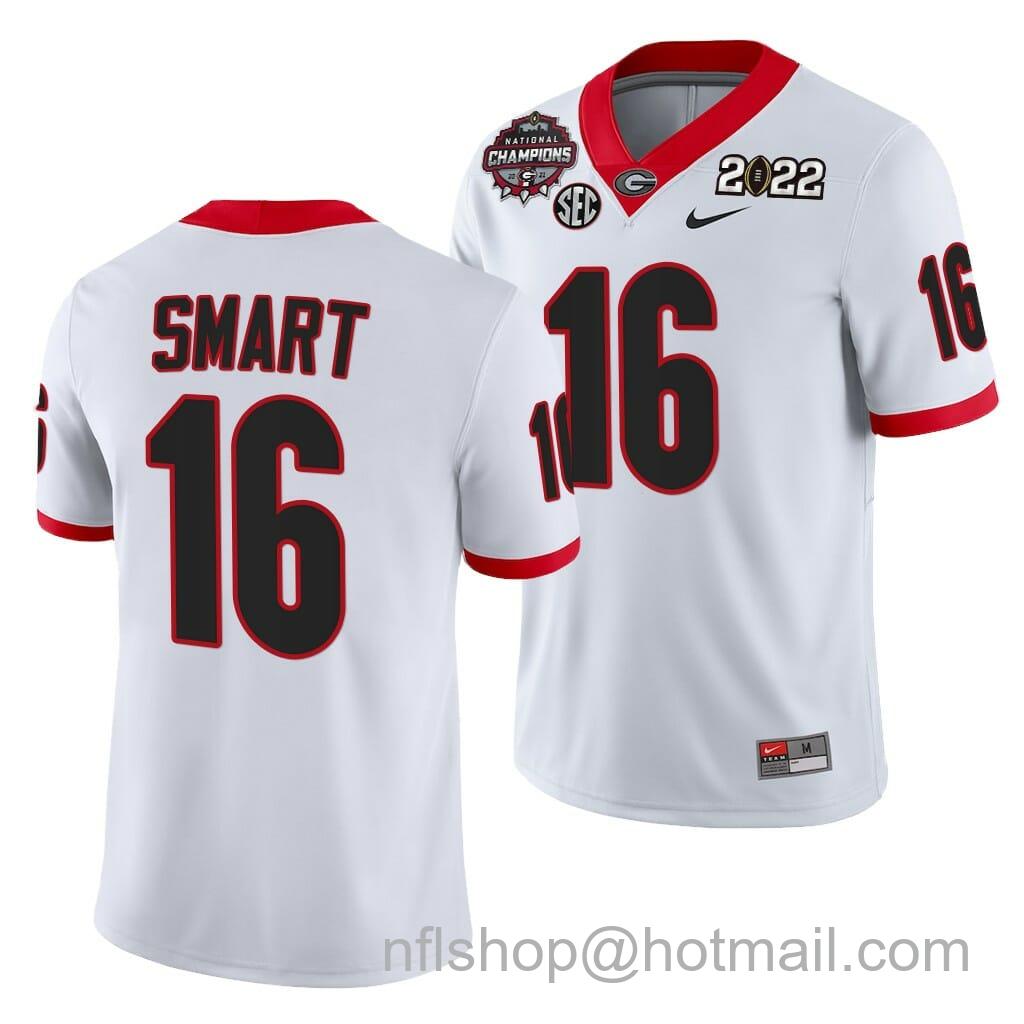 Men's Nike Georgia Bulldogs #16 Kirby Smart Jersey 2021-22 CFP National Champions White Honor Coah Uniform