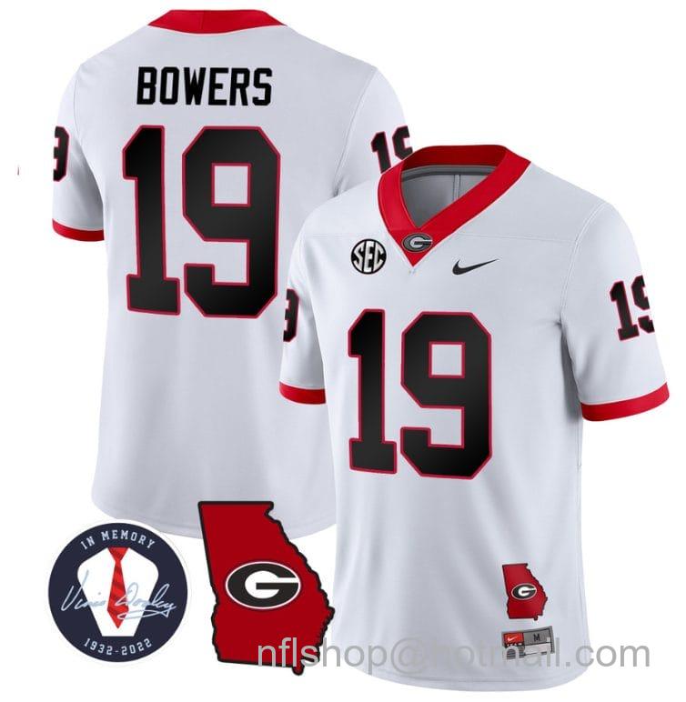 Men's Nike Brock Bowers Jersey #19 Georgia Bulldogs Football Vince Dooley Patch Georgia Map White