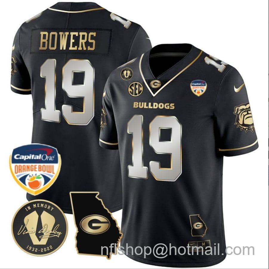 Men's Nike Brock Bowers Jersey #19 Georgia Bulldogs Vapor Limited Orange Bowl Patch Black Limited