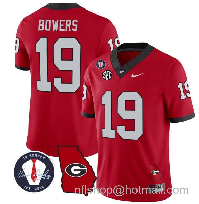 Men's Nike Brock Bowers Jersey #19 Georgia Bulldogs Football Vince Dooley Patch Georgia Map Red