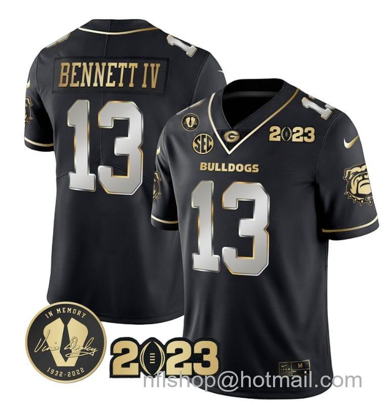 Men's Nike Stetson Bennett Jersey #13 Georgia Bulldogs Football 2023 and Vince Dooley Patch Black Limited