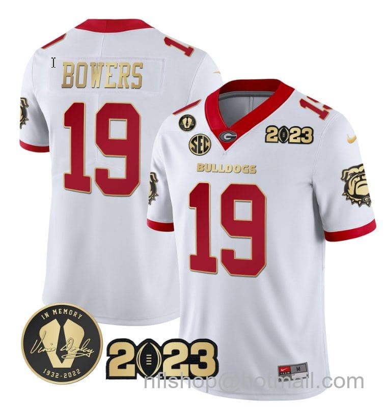 Men's Nike Brock Bowers Jersey #19 Georgia Bulldogs Football 2023 and Vince Dooley Patch White Gold Trim