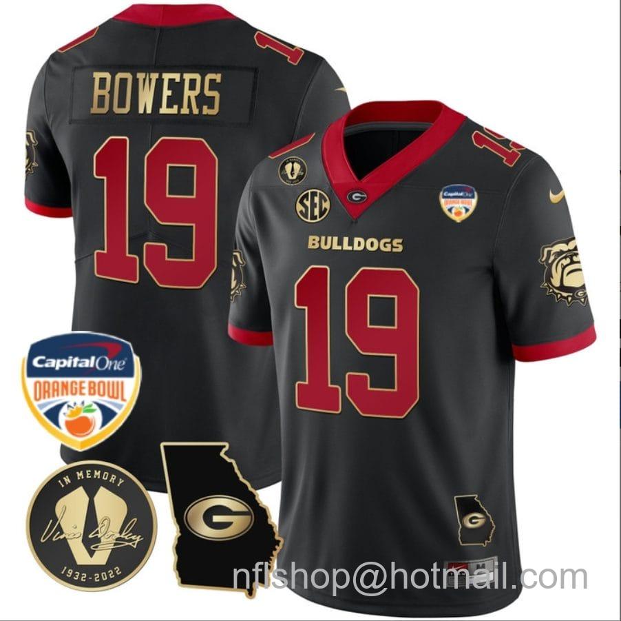 Men's Nike Brock Bowers Jersey #19 Georgia Bulldogs Vapor Limited Orange Bowl Patch Black Gold Trim