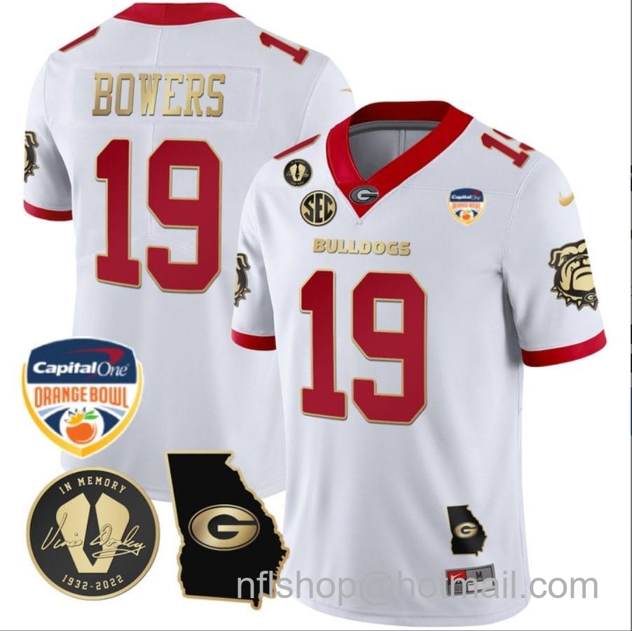 Men's Nike Brock Bowers Jersey #19 Georgia Bulldogs Vapor Limited Orange Bowl Patch White Gold Trim