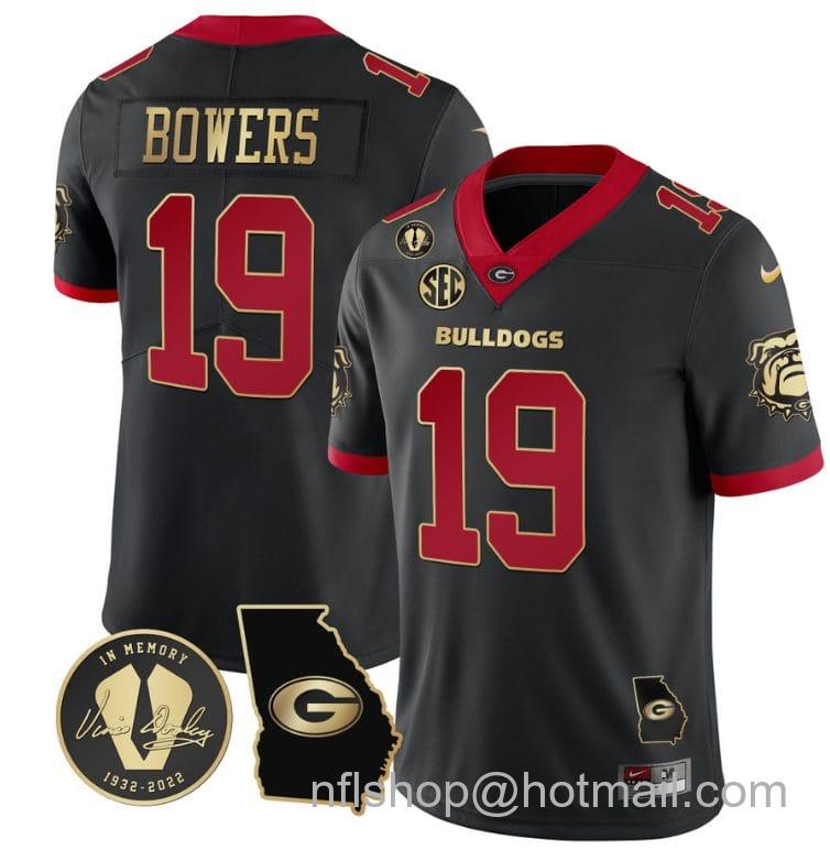 Men's Nike Brock Bowers Jersey #19 Georgia Bulldogs Football Vince Dooley Patch Georgia Map Gold Trim