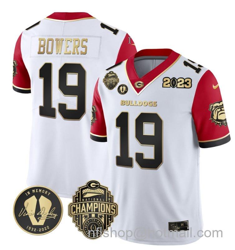 Men's Nike Brock Bowers Jersey #19 Georgia Bulldogs Football 2023 Champions and Vince Dooley Patch Red Sleeves