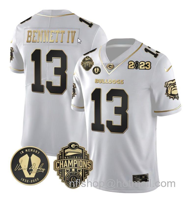 Men's Nike Stetson Bennett Jersey #13 Georgia Bulldogs Football 2023 Champions and Vince Dooley Patch White Gold