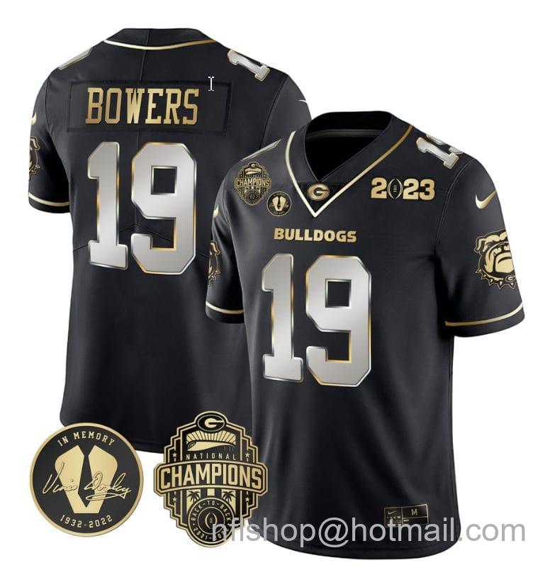 Men's Nike Brock Bowers Jersey #19 Georgia Bulldogs Football 2023 Champions and Vince Dooley Patch Black Limited