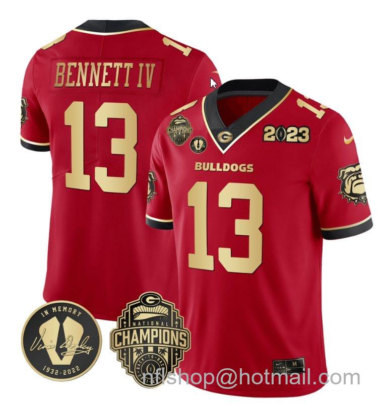 Men's Nike Stetson Bennett Jersey #13 Georgia Bulldogs Football 2023 Champions and Vince Dooley Patch Red Gold