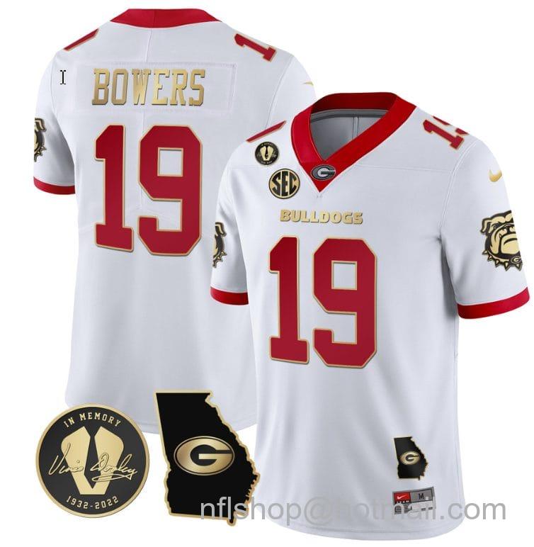 Men's Nike Brock Bowers Jersey #19 Georgia Bulldogs Football Vince Dooley Patch Georgia Map White Gold Trim