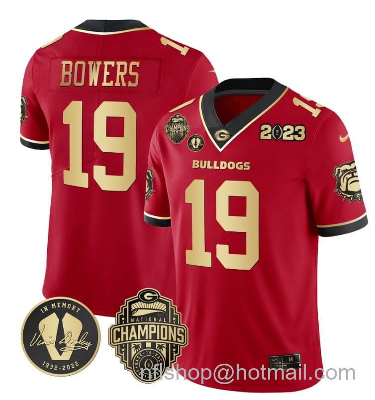 Men's Nike Brock Bowers Jersey #19 Georgia Bulldogs Football 2023 Champions and Vince Dooley Patch Red Gold