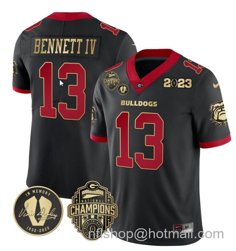 Men's Nike Stetson Bennett Jersey #13 Georgia Bulldogs Football 2023 Champions and Vince Dooley Patch Gold Trim