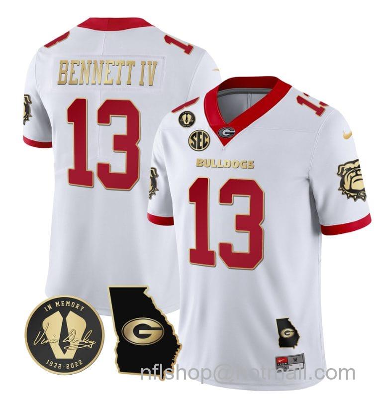 Men's Nike Stetson Bennett Jersey #13 Georgia Bulldogs Football Vince Dooley Patch Georgia Map White Gold Trim