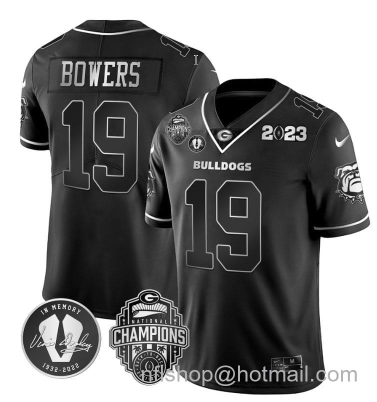 Men's Nike Brock Bowers Jersey #19 Georgia Bulldogs Football 2023 Champions and Vince Dooley Patch Split Black Silver