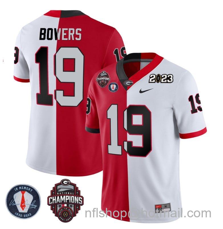 Men's Nike Brock Bowers Jersey #19 Georgia Bulldogs Football 2023 Champions and Vince Dooley Patch Split Red White