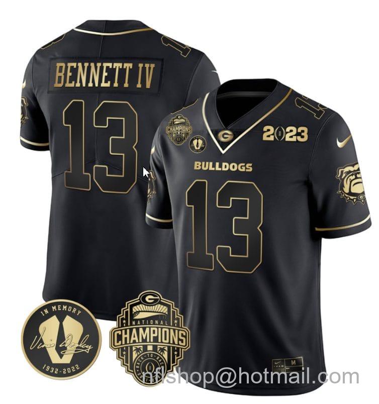 Men's Nike Stetson Bennett Jersey #13 Georgia Bulldogs Football 2023 Champions and Vince Dooley Patch Black Gold