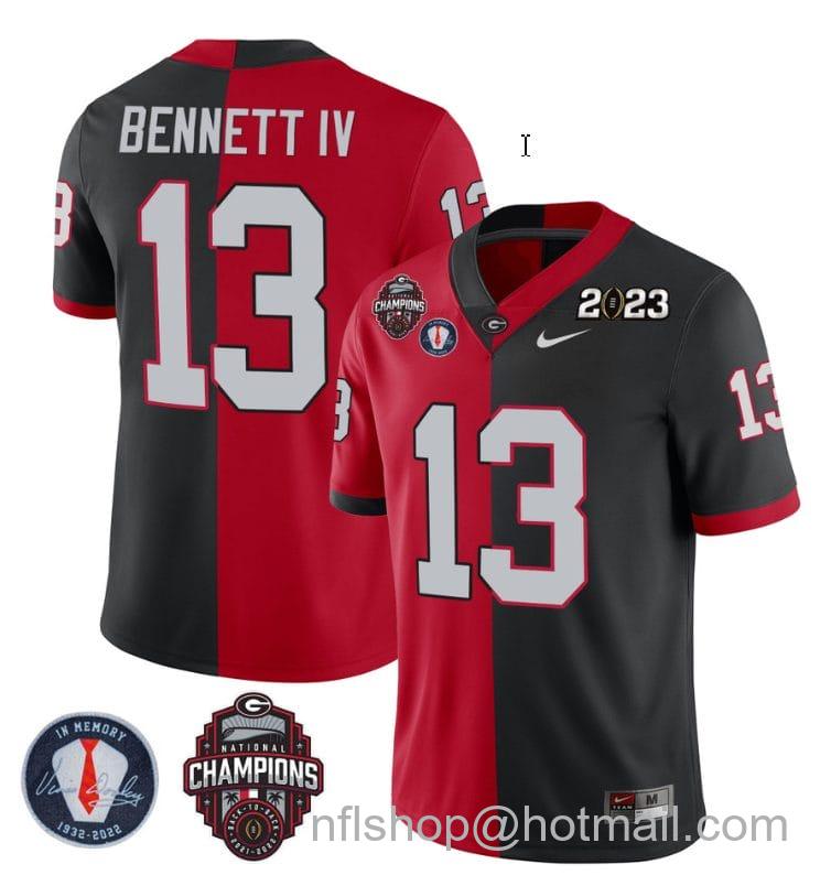 Men's Nike Stetson Bennett Jersey #13 Georgia Bulldogs Football 2023 Champions and Vince Dooley Patch Split Red Black